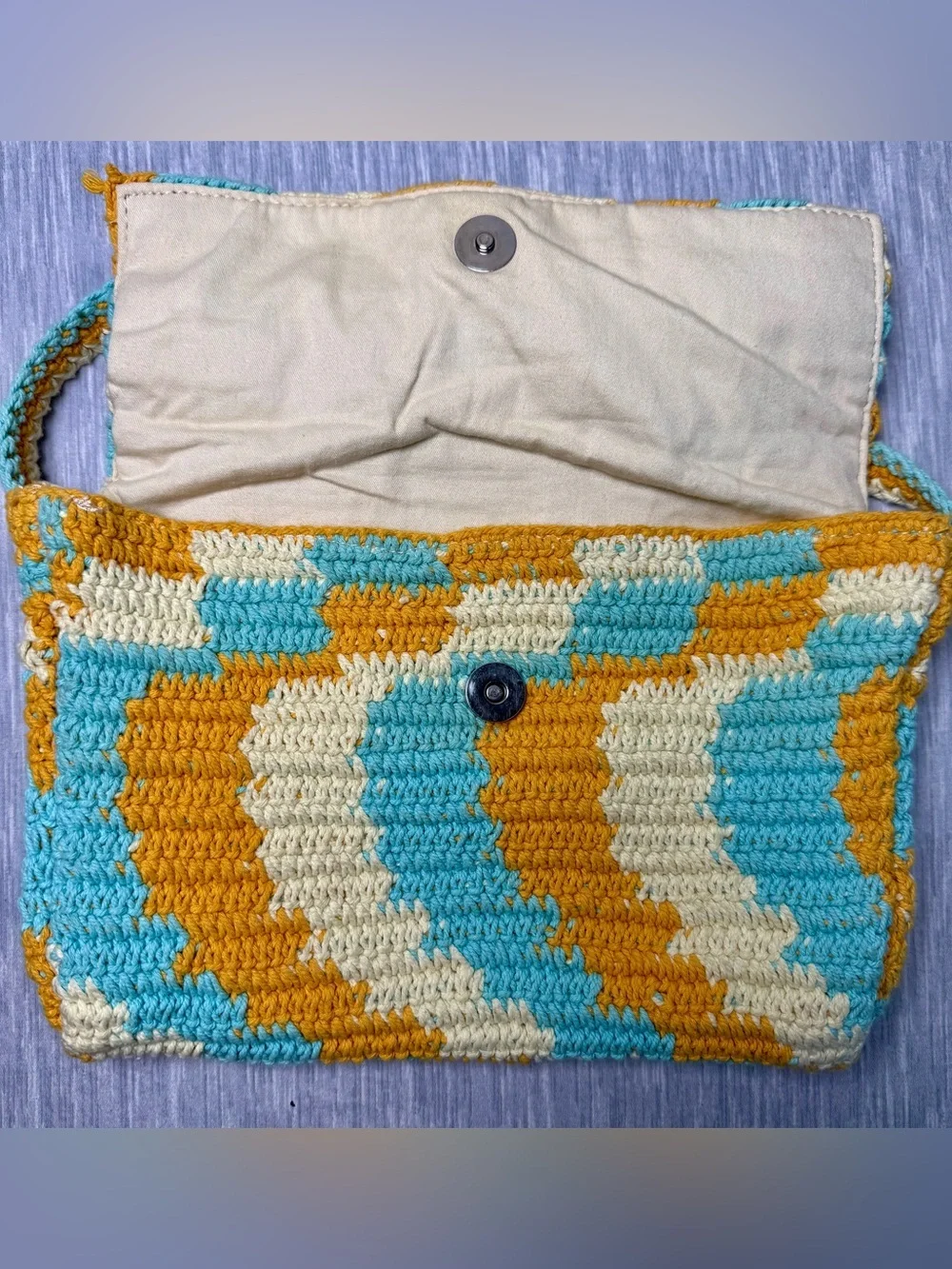 Wild Fable Sky Blue Gold Cream Boho Crochet Clutch Wristlet Crossbody Bag
